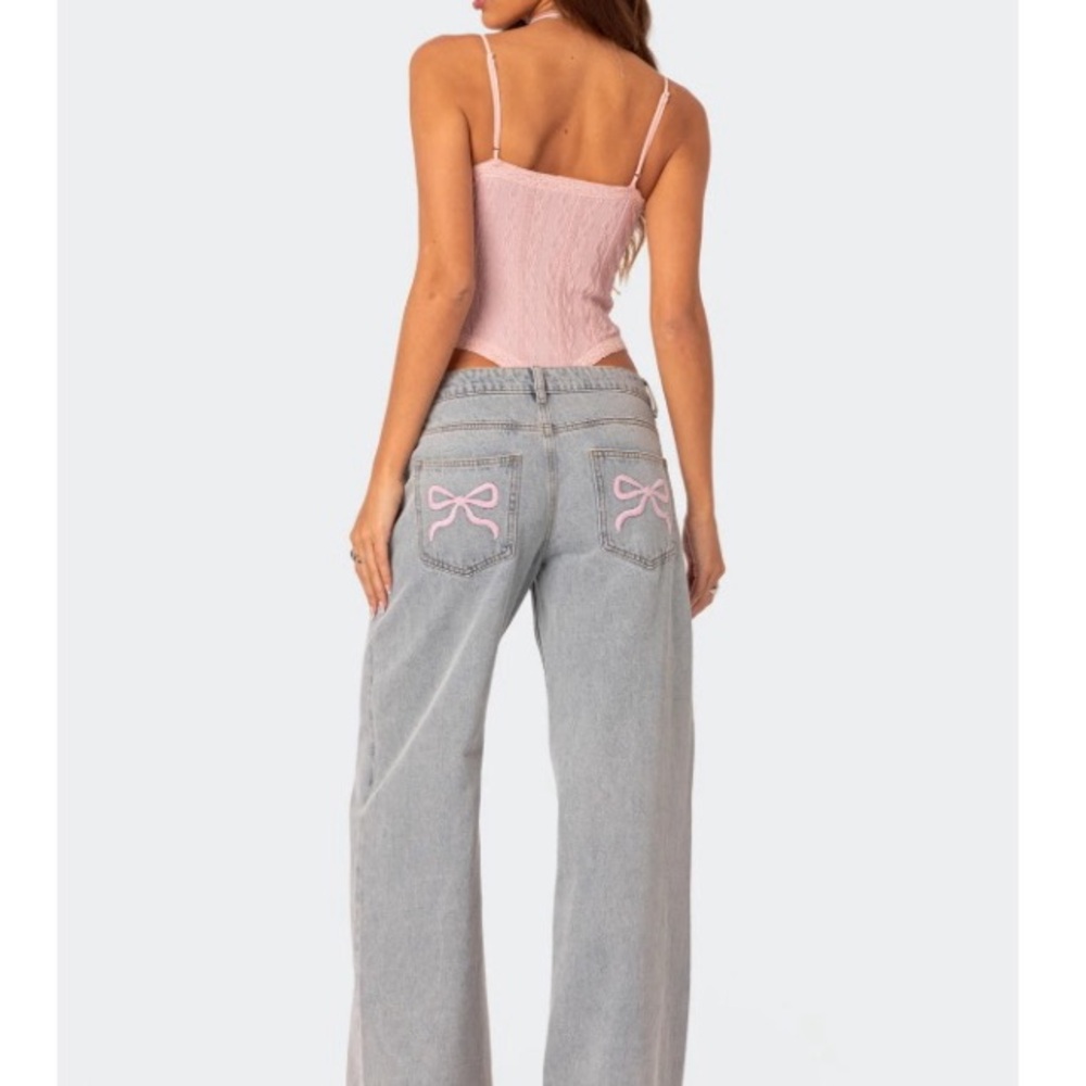 Edikted Gray and Pink Flare Wide Leg Jeans